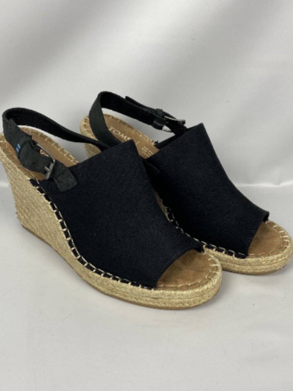 TOMS Women' Monica Espadrille Black Canvas Wedge Peep Toe Sandals Size 8.5